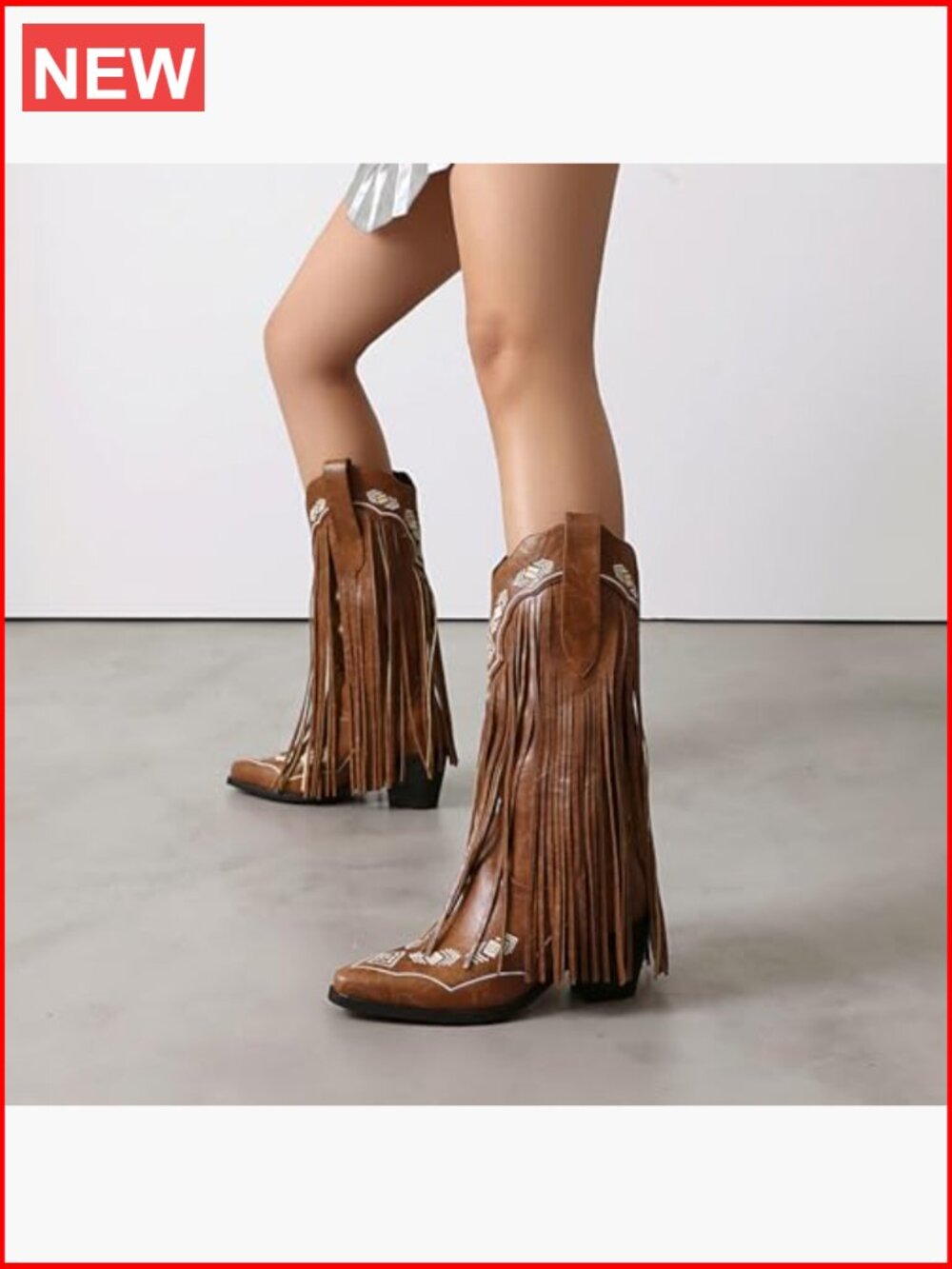Embroidered Fringe Cowboy Boots, Mid Calf Pull On Chunky Block Heel Pointed Toe - Picture 3 of 7